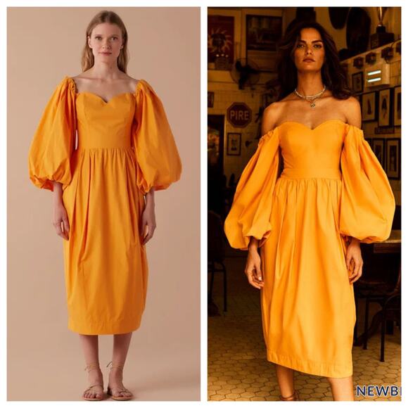 Marco Gurgel Carol Bassi Yellow Exaggerated Puff Sleeve Midi Dress Size 42 US 12 - Picture 1 of 14